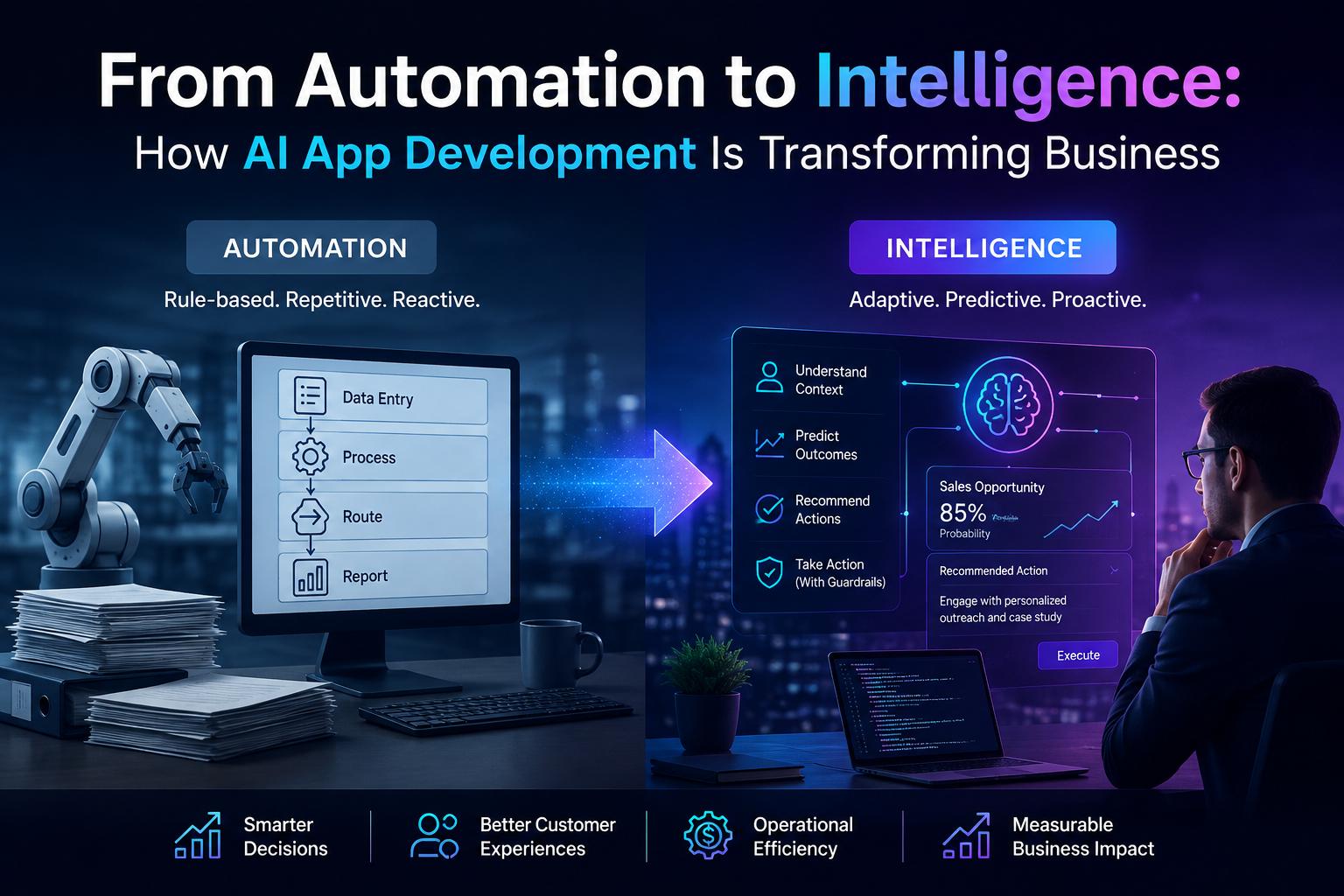 AI app development transforming businesses from traditional automation to intelligent, adaptive systems
