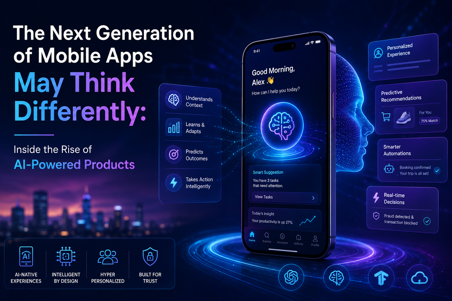 AI-powered mobile app with personalized experiences, predictive recommendations, intelligent automation, and real-time decision-making