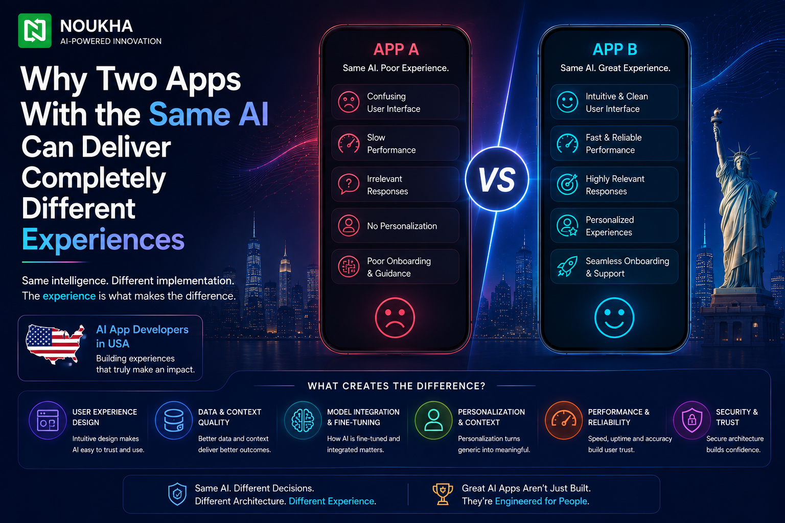 AI app developers in USA creating personalized app experiences through intelligent design, AI integration, data, performance, and security.