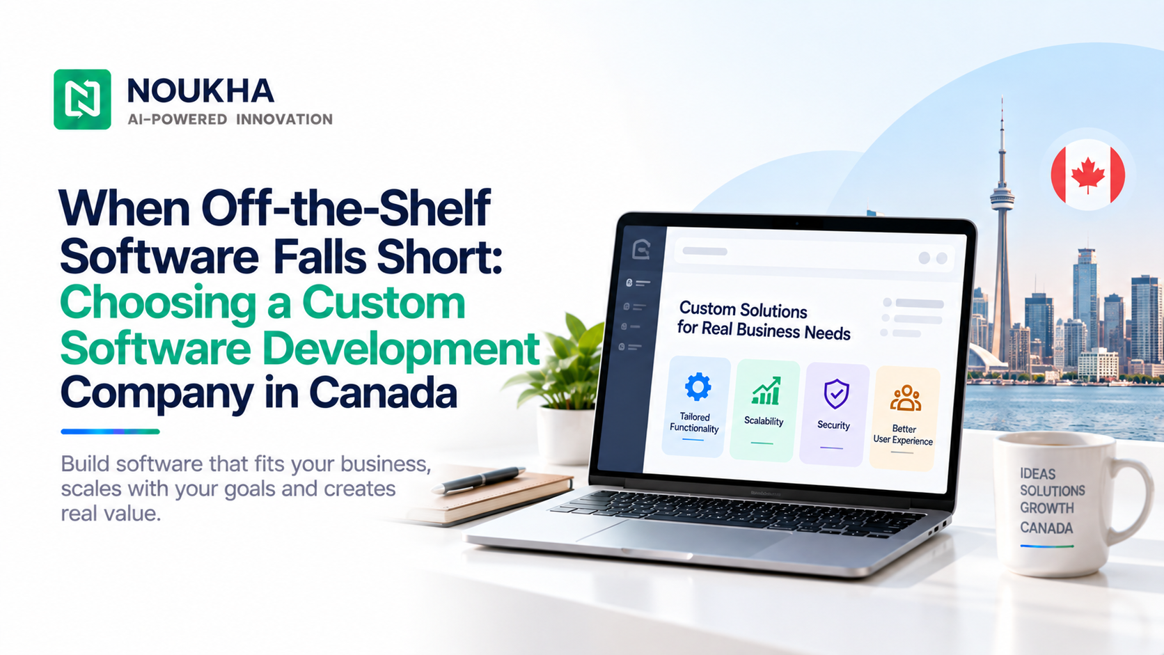 Custom software development company in Canada with laptop and Toronto skyline
