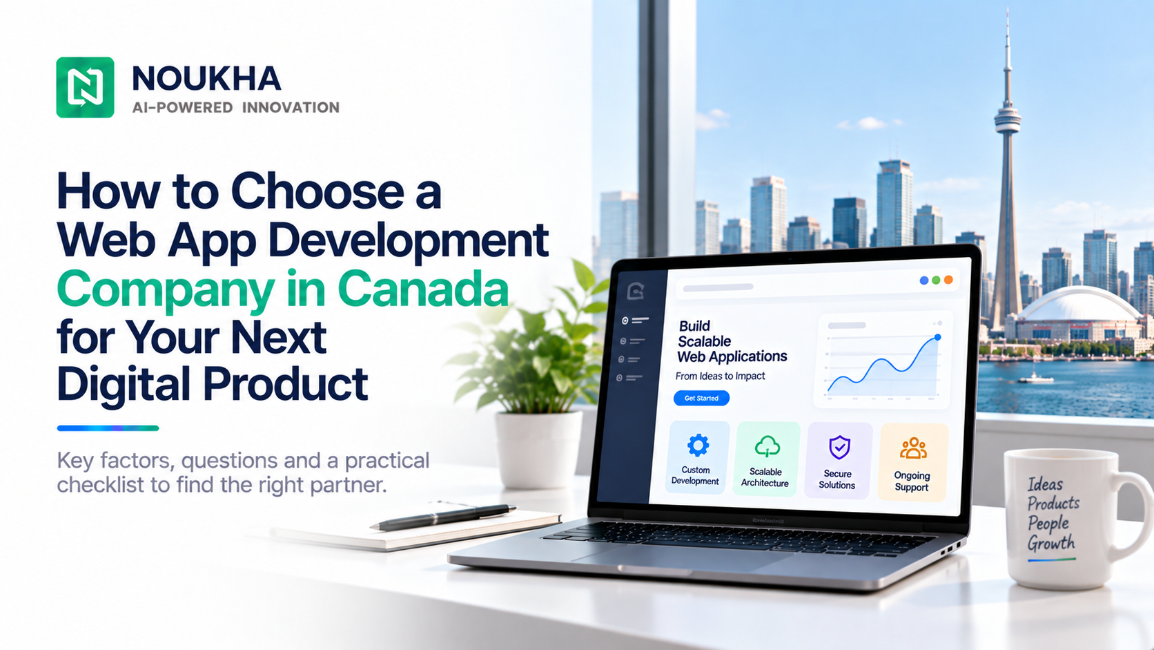 Web app development company in Canada with laptop and Toronto skyline