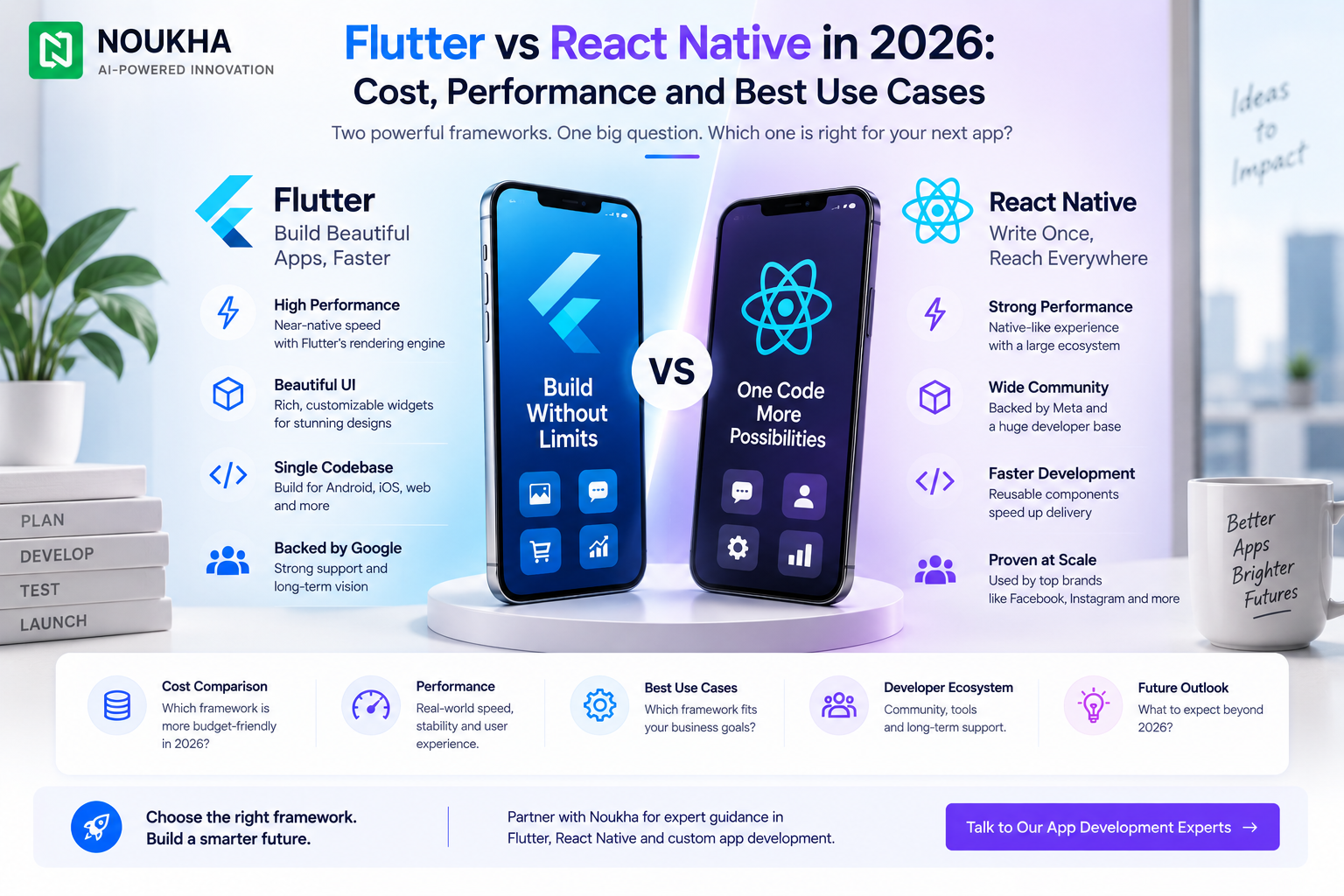 Flutter vs React Native in 2026 comparing cost, performance, best use cases, developer ecosystem, and future outlook.