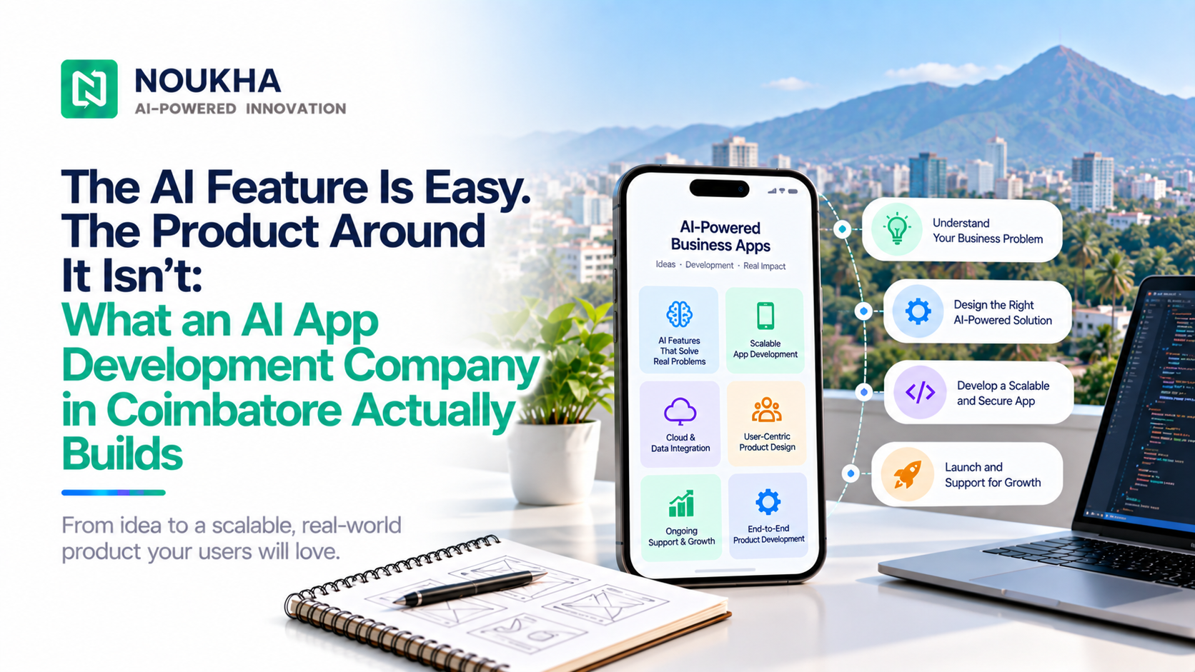 AI app development company in Coimbatore with smartphone and AI-powered app interface