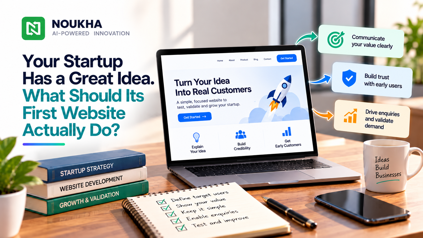 What should a startup website do on its first site to communicate value and convert visitors