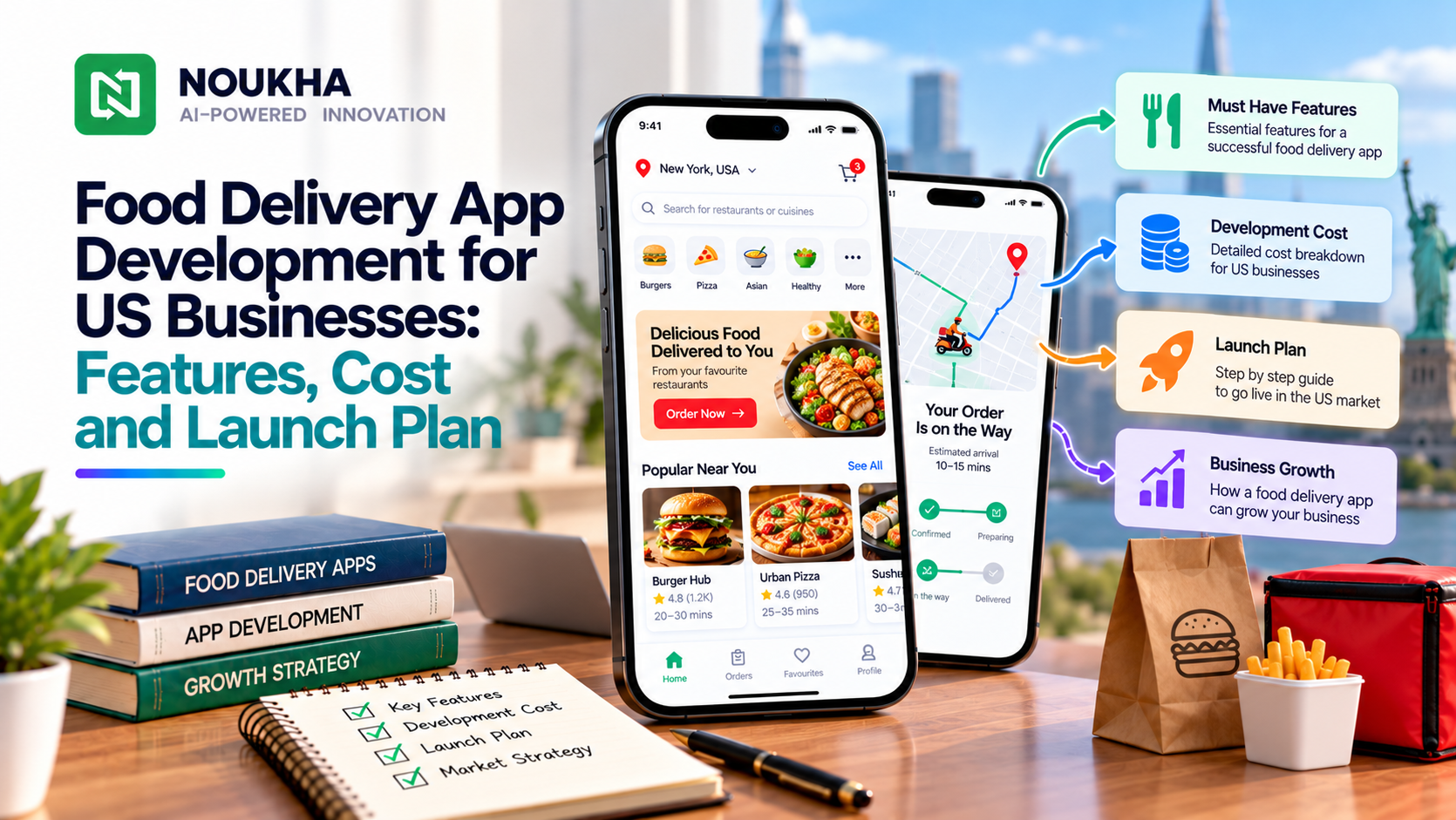 Food delivery app development for US businesses showing customer ordering, restaurant operations and delivery workflows